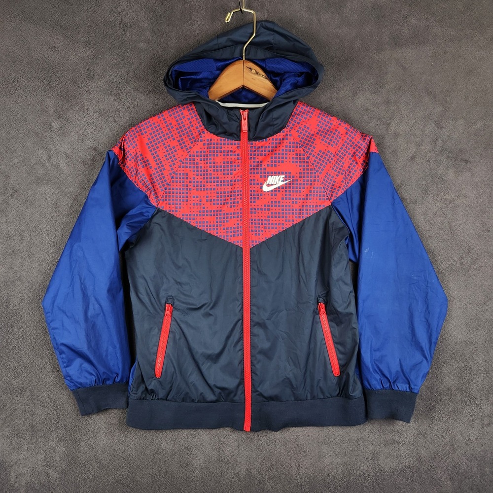 Nike‎ Windrunner Hooded Windbreaker Jacket Kids Medium Blue Red Pixel Print